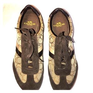 Brown/Tan Coach sneakers with signature logo